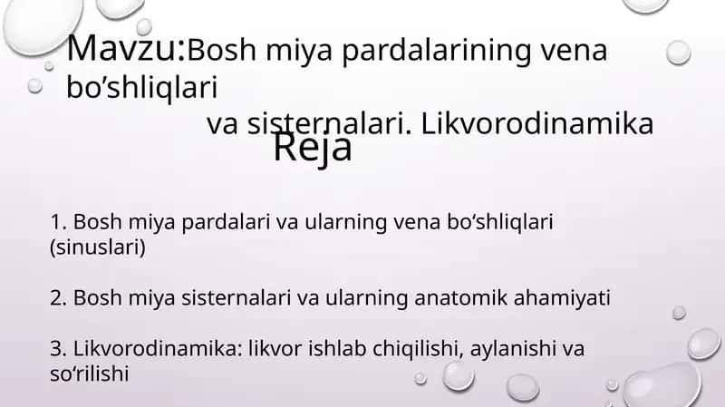 Bosh miya pardalarining vena bo’shliqlari va sisternalari. Likvorodinamika