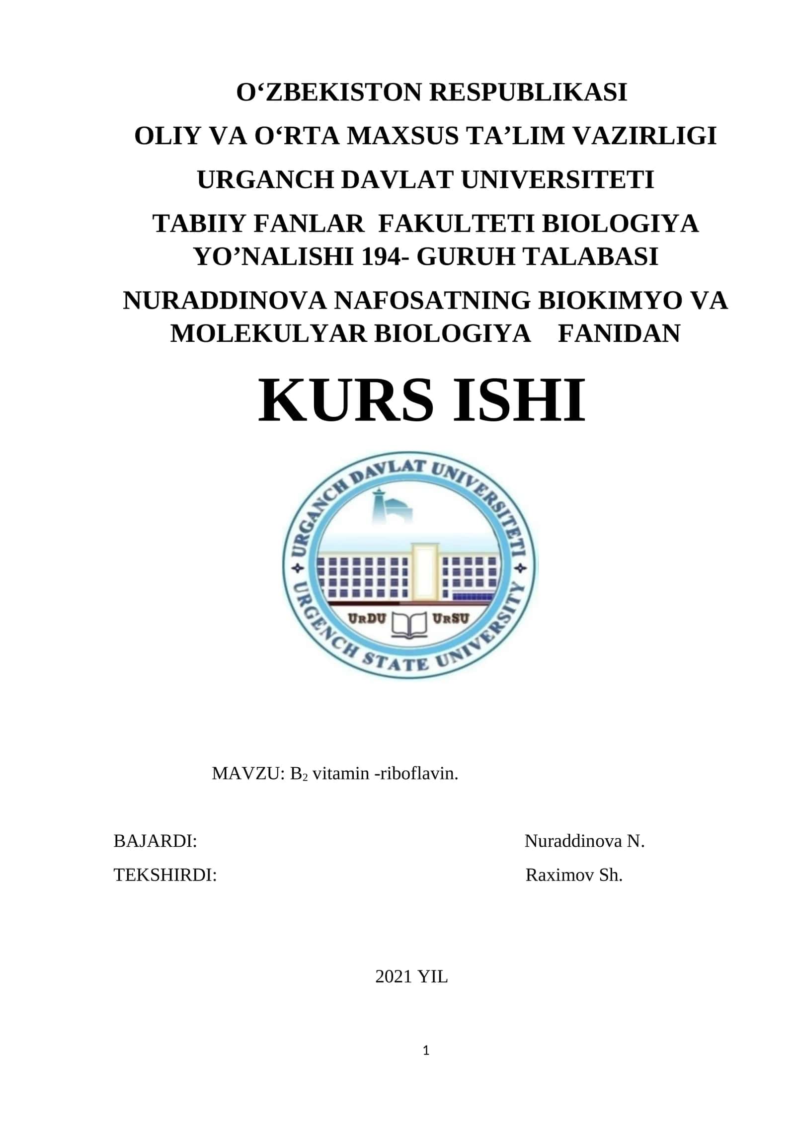 B2 vitamin -riboflavin Kurs ishi