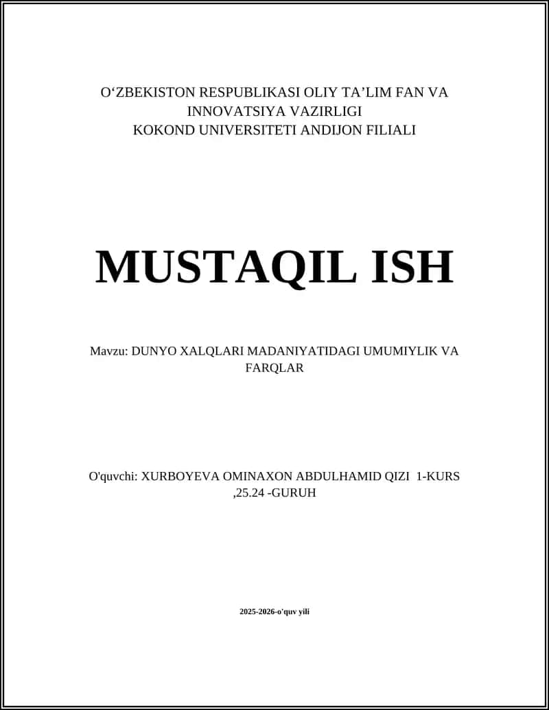 Dunyo Xalqlari Madaniyatidagi Umumiylik va Farqlar