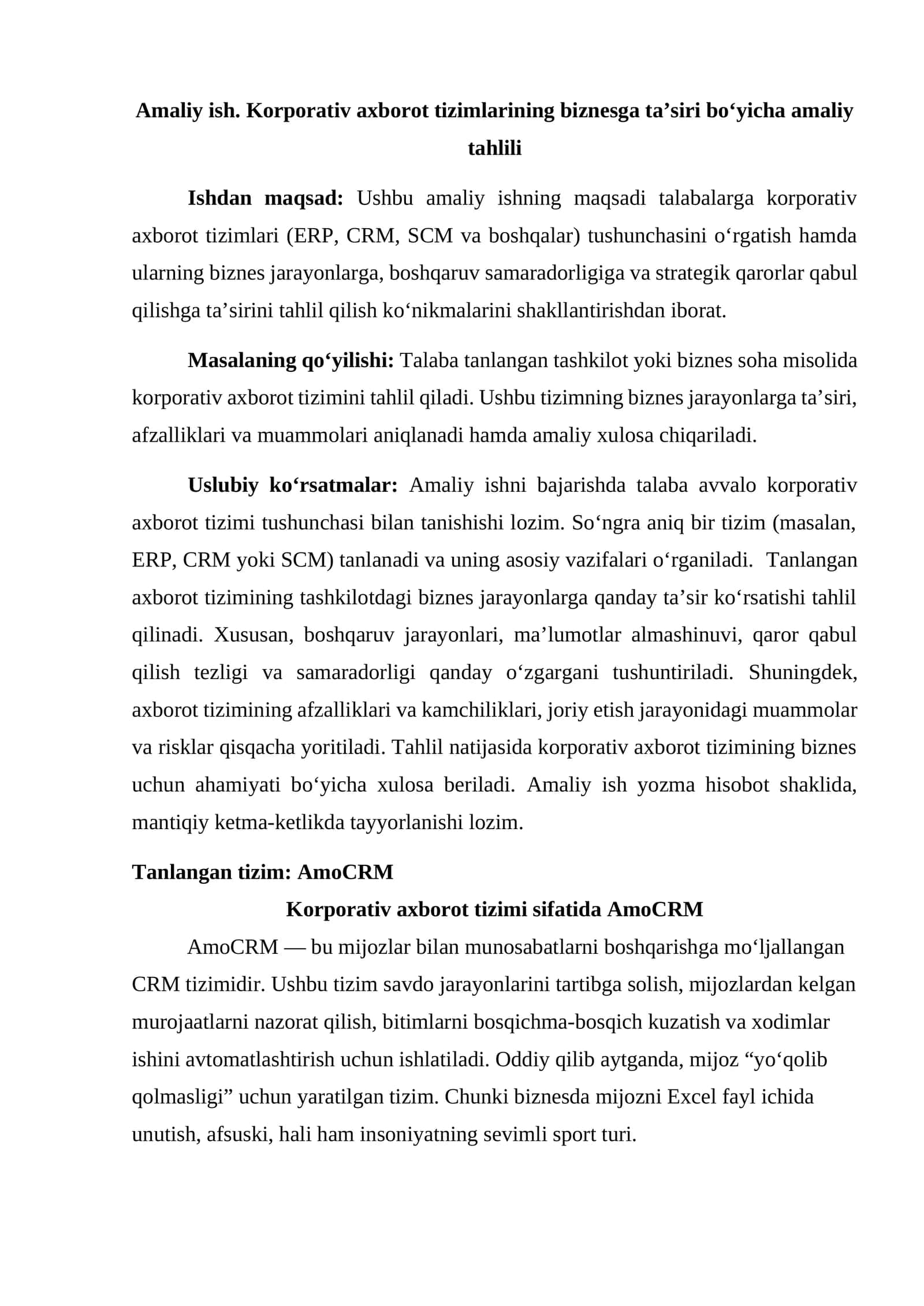 Amaliy ish. Korporativ axborot tizimlarining biznesga ta’siri boʻyicha amaliy tahlili