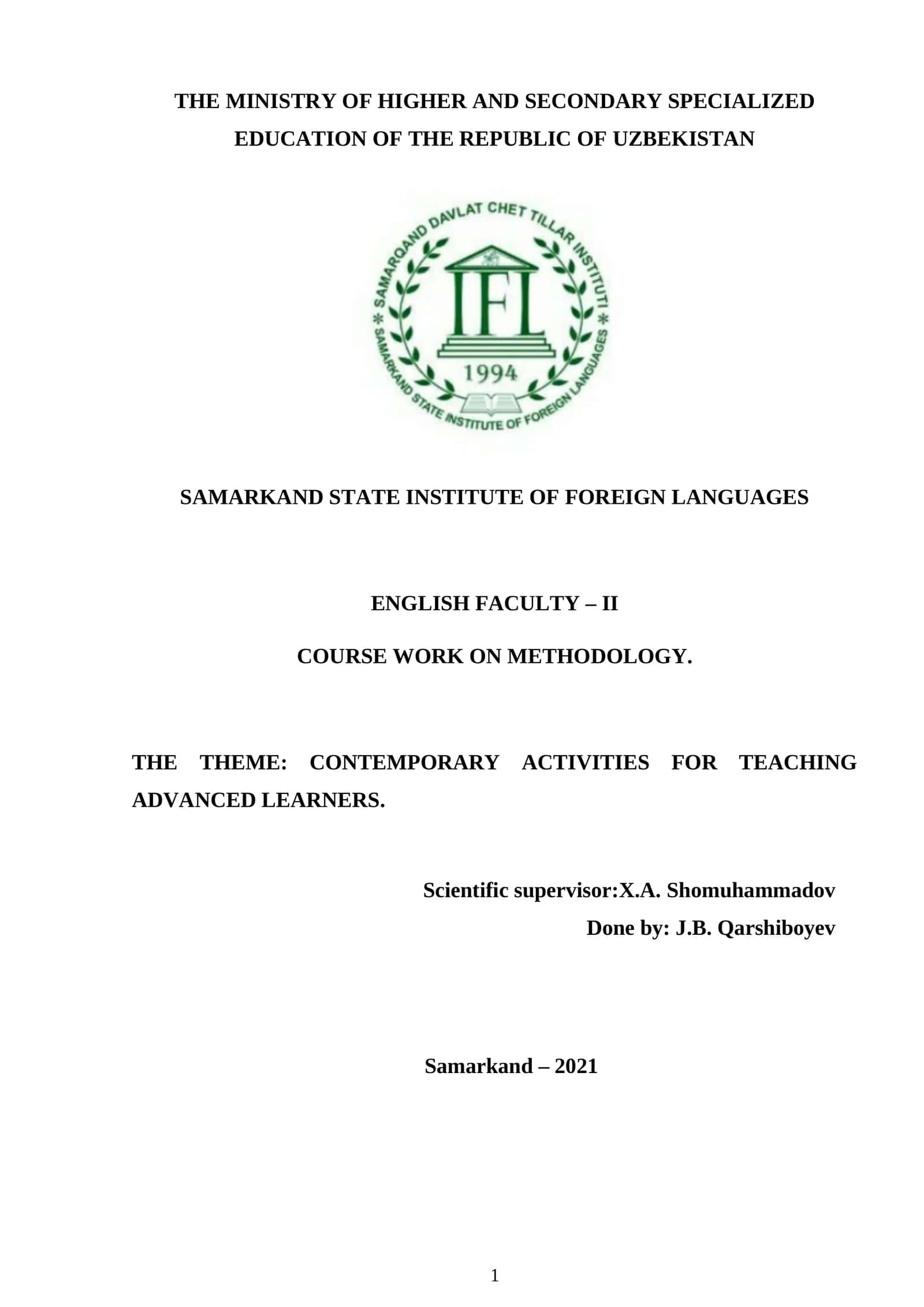 CONTEMPORARY ACTIVITIES FOR TEACHING ADVANCED LEARNERS