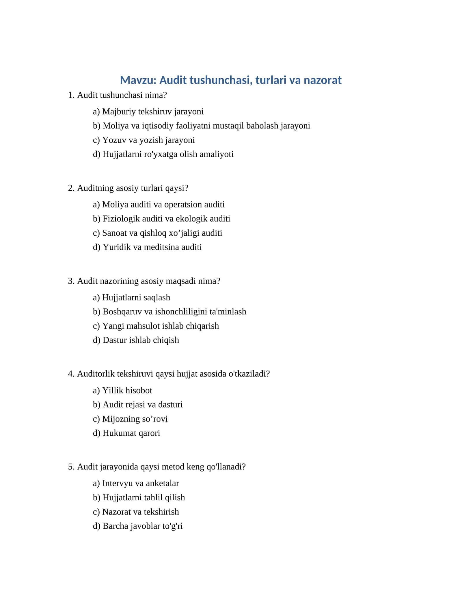 Audit tushunchasi, turlari va nazorat