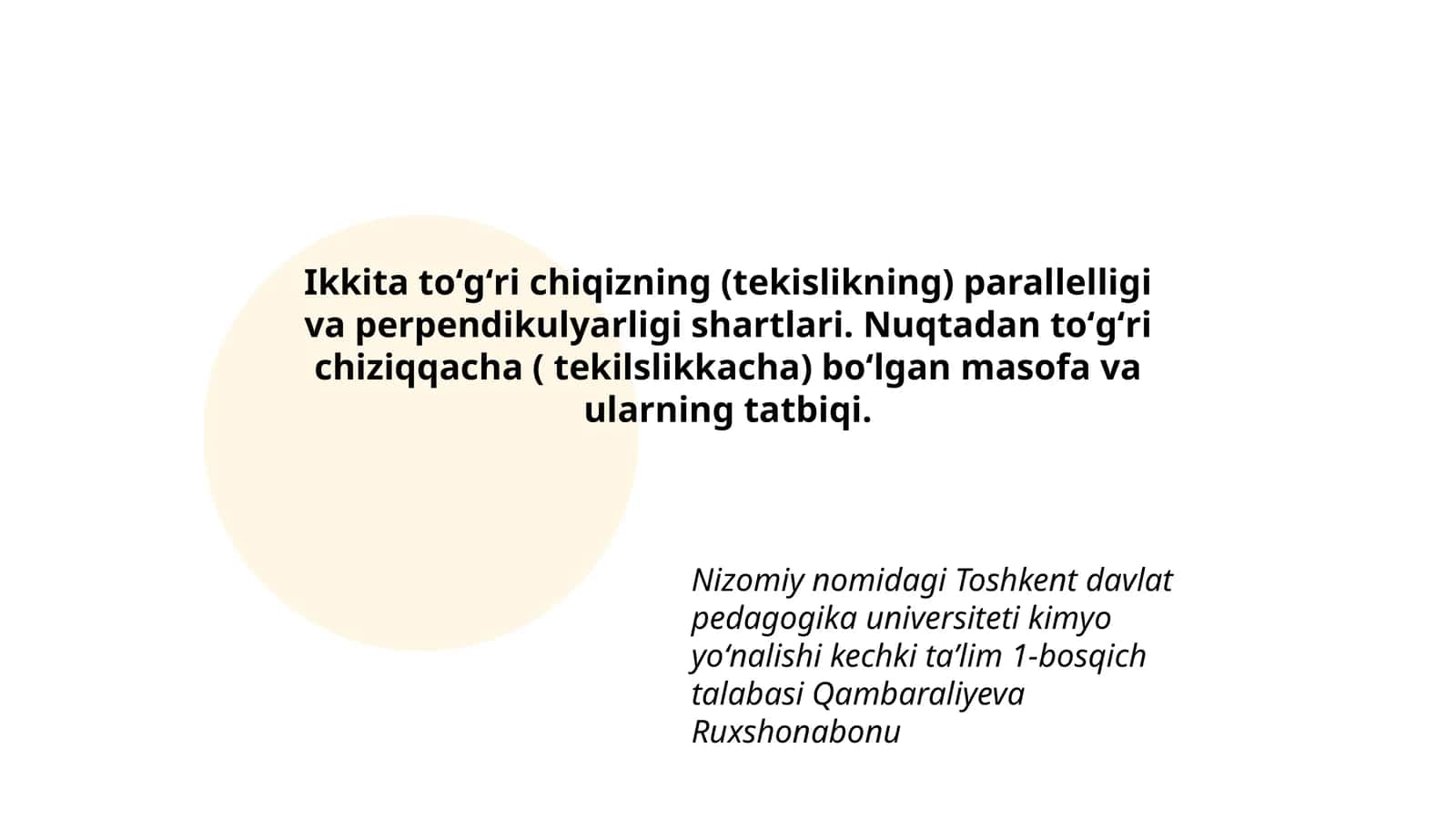 Ikkita toʻgʻri chiqizning (tekislikning) parallelligi va perpendikulyarligi shartlari. Nuqtadan toʻgʻri chiziqqacha ( tekilslikkacha) boʻlgan masofa va ularning tatbiqi