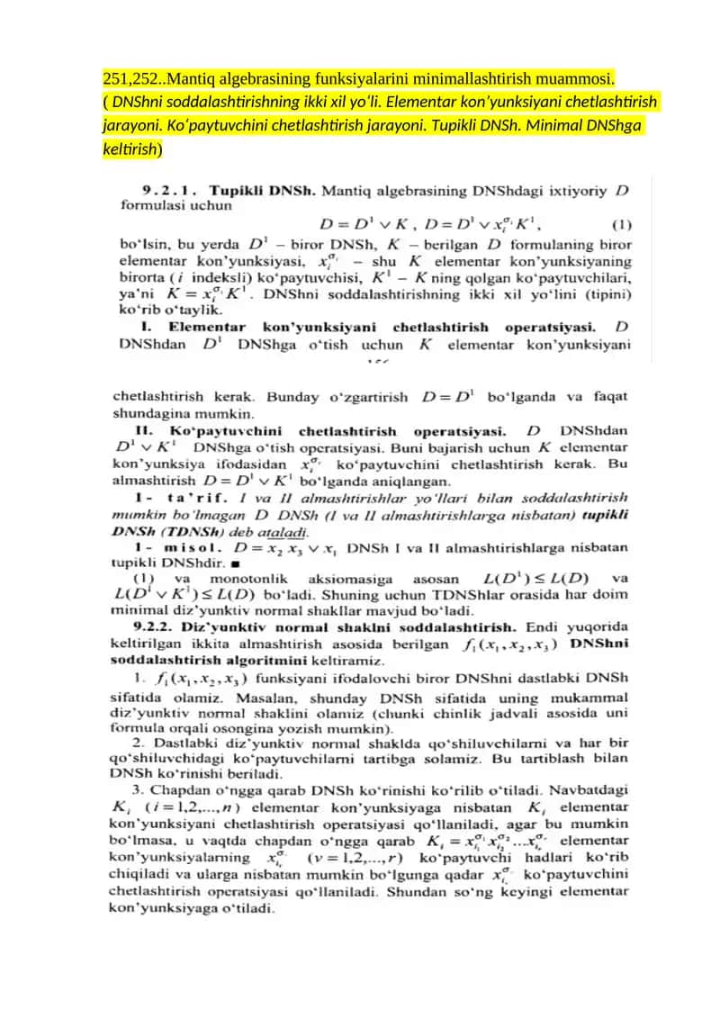 Mulohazalar algebrasi formulasining dizyunktiv normal shakllari