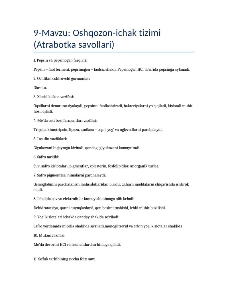 Oshqozon-ichak tizimi (Atrabotka savollari)