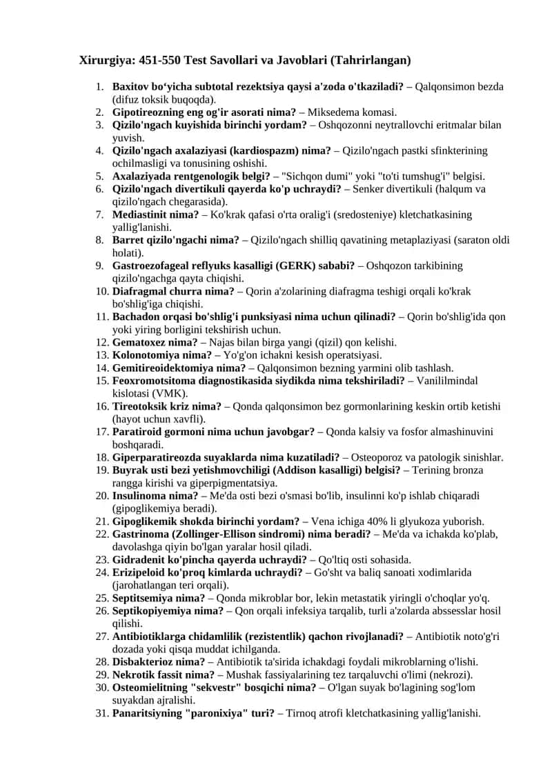 Xirurgiya: 451-550 Test Savollari va Javoblari 6 qism