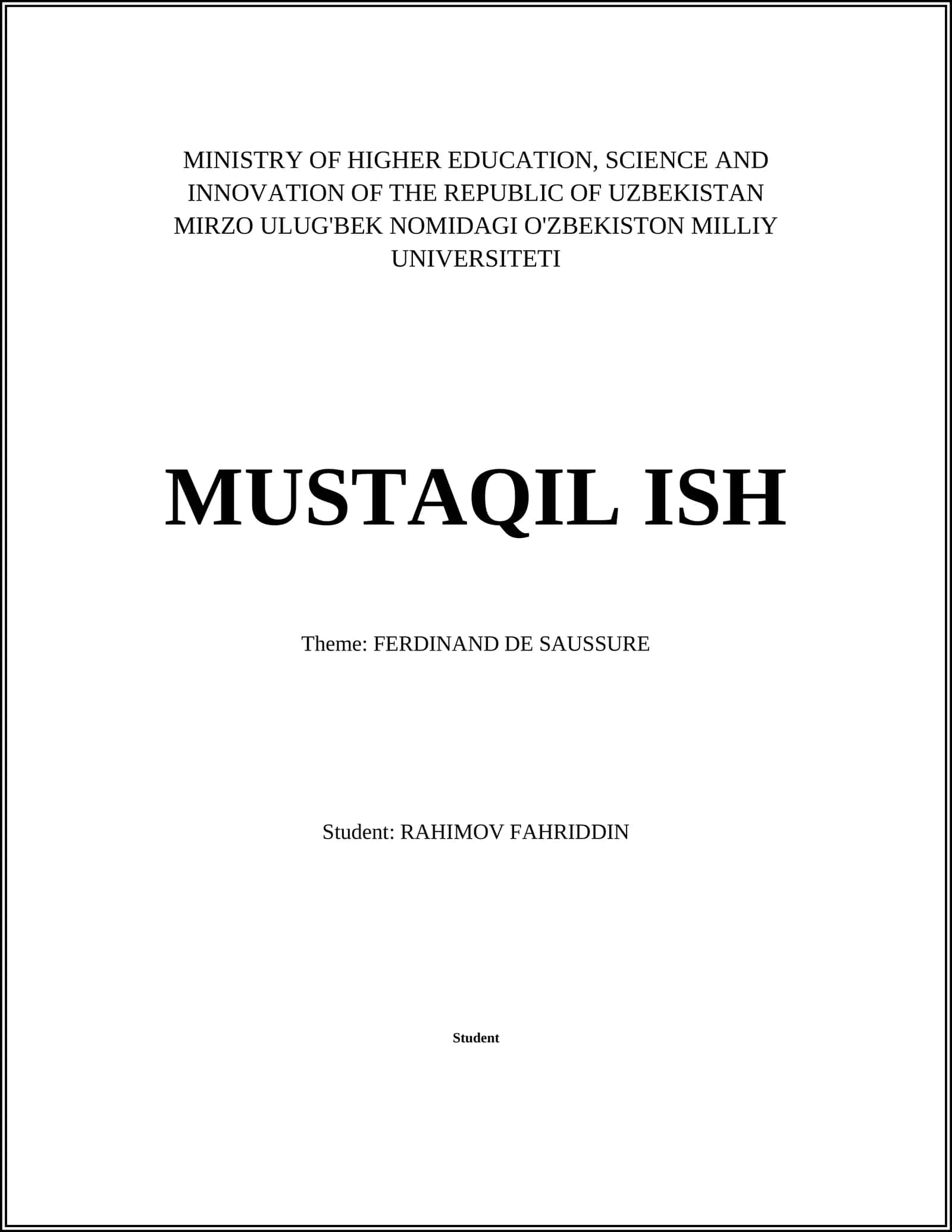 MUSTAQIL ISH Theme: FERDINAND DE SAUSSURE