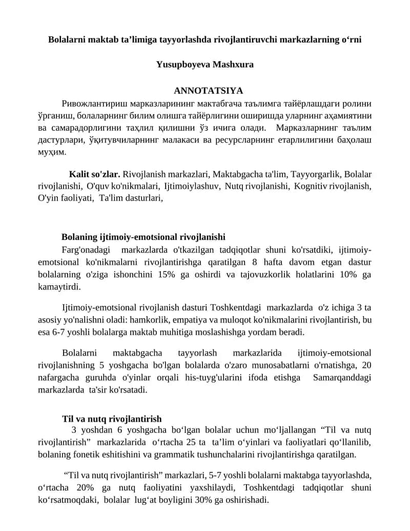 Bolalarni maktab taʼlimiga tayyorlashda rivojlantiruvchi markazlarning oʻrni