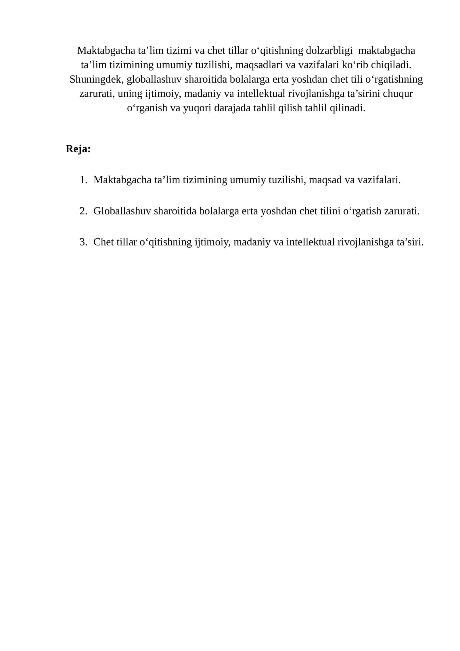 Maktabgacha ta’lim tizimi va chet tillar o‘qitishning dolzarbligi