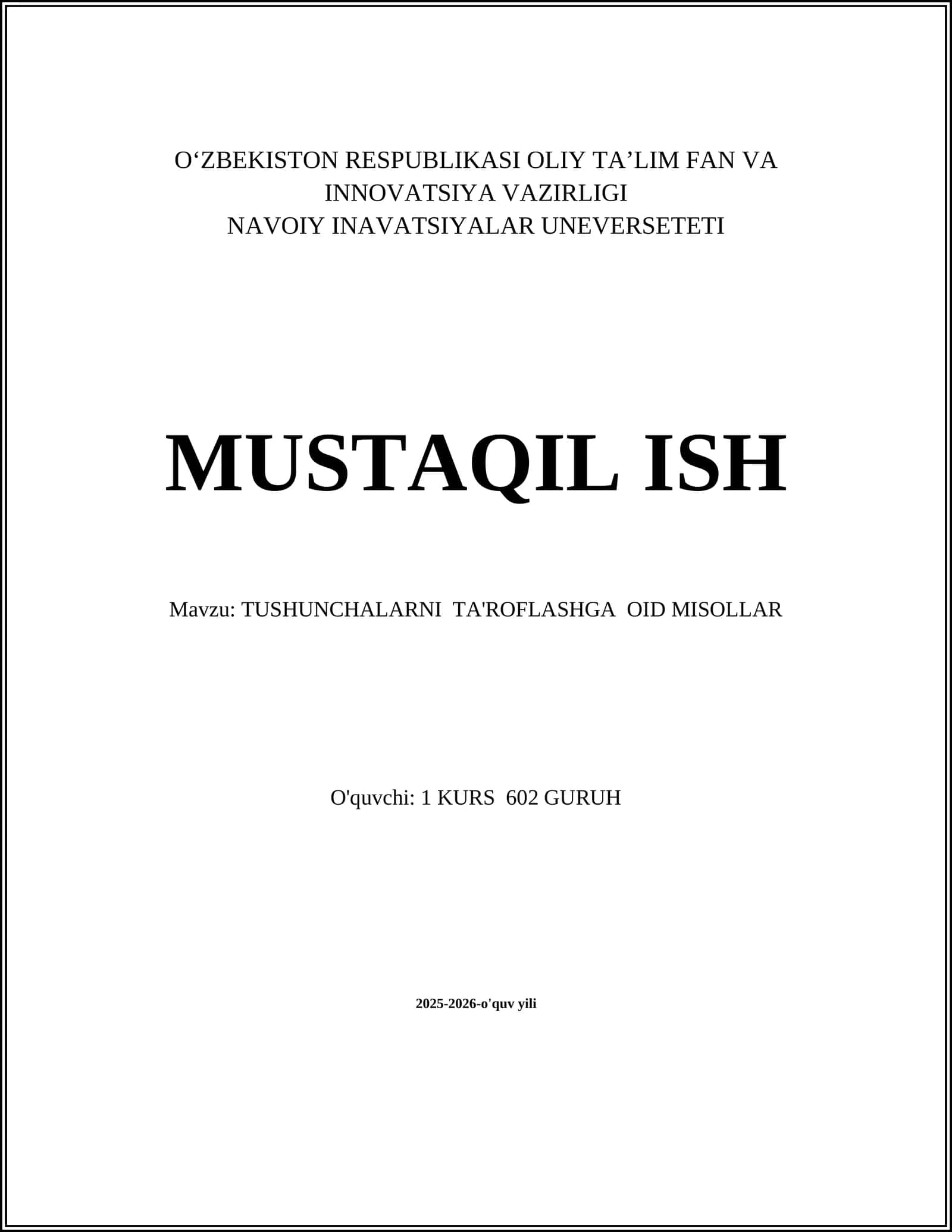 TUSHUNCHALARNI TA'ROFLASHGA OID MISOLLAR