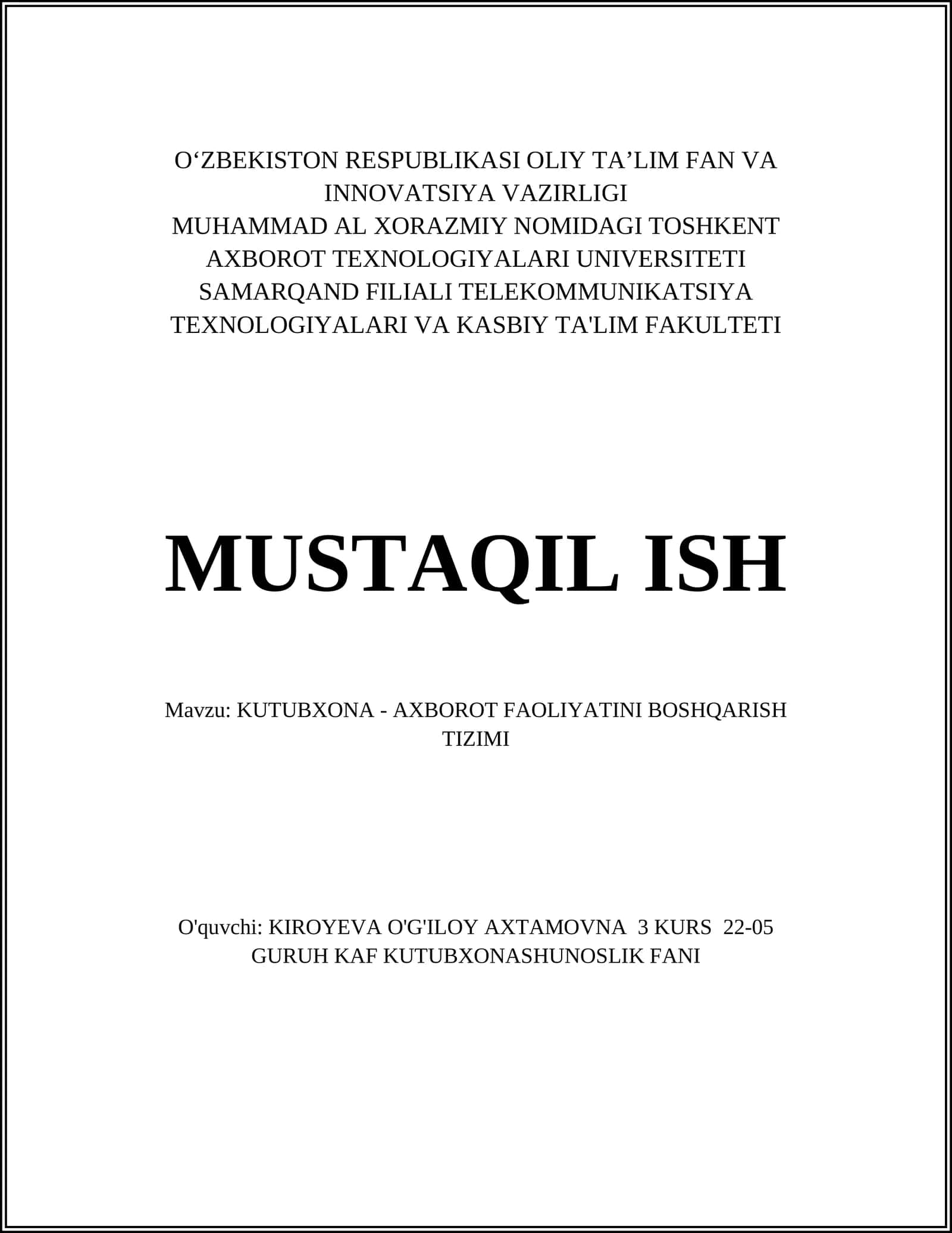 KUTUBXONA - AXBOROT FAOLIYATINI BOSHQARISH TIZIMI