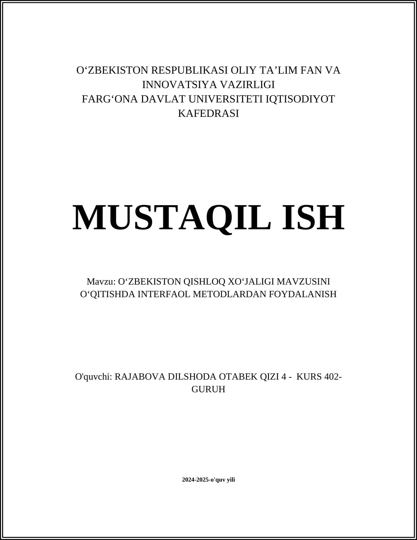 OʻZBEKISTON QISHLOQ XOʻJALIGI MAVZUSINI OʻQITISHDA INTERFAOL METODLARDAN FOYDALANISH