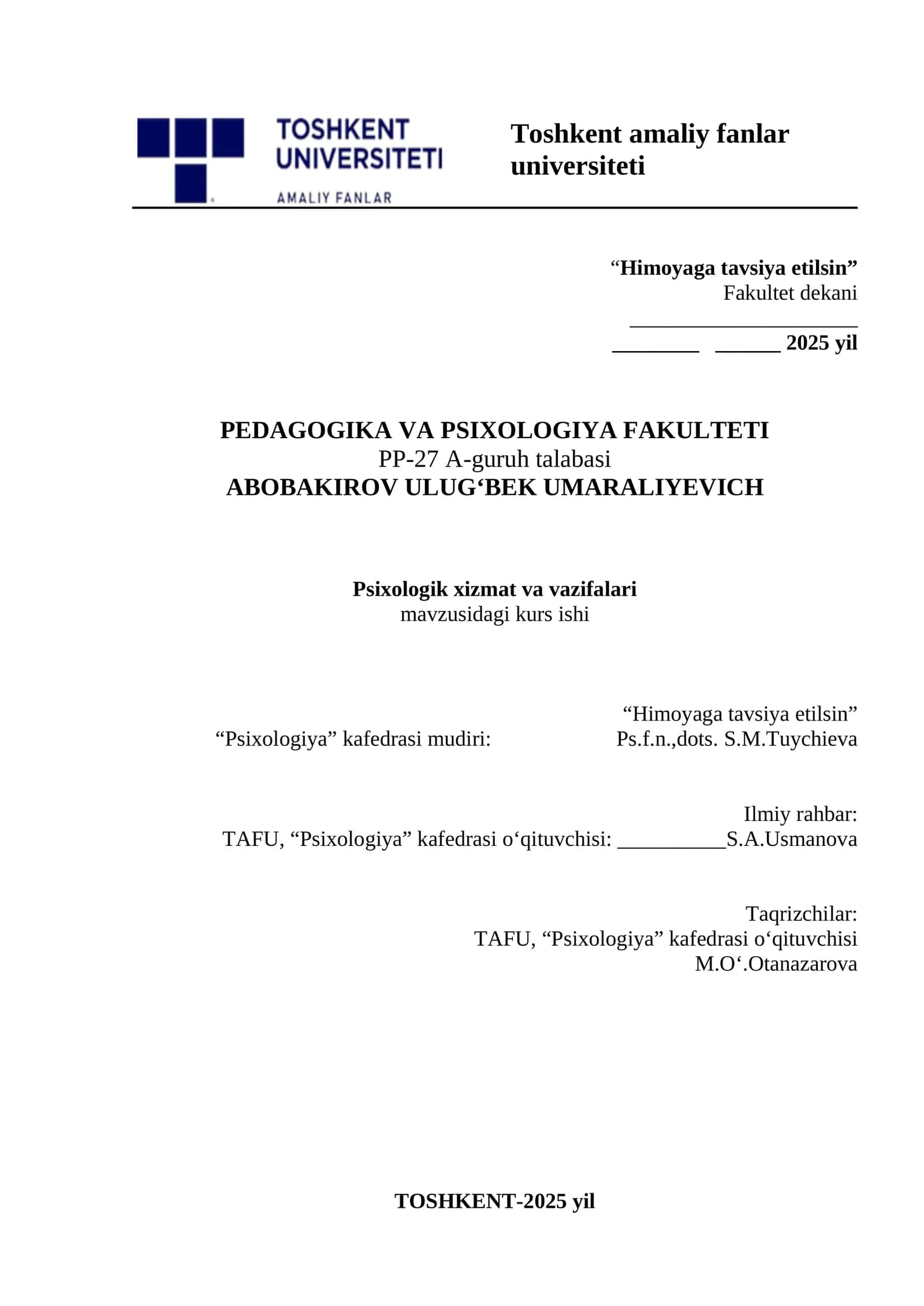 Psixologik xizmatning tushunchasi va asosiy prinsiplari