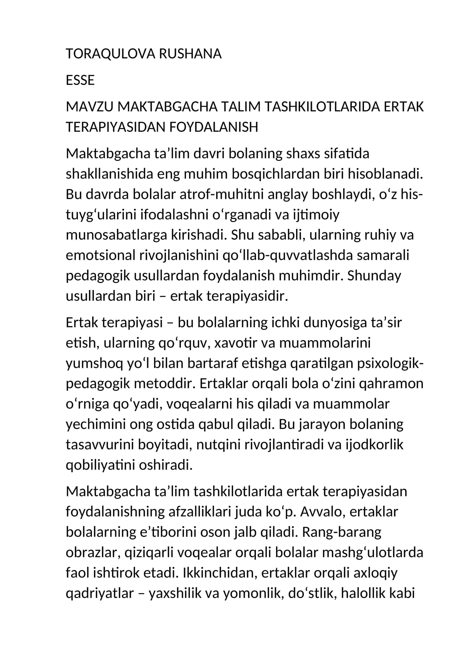 MAKTABGACHA TALIM TASHKILOTLARIDA ERTAK TERAPIYASIDAN FOYDALANISH