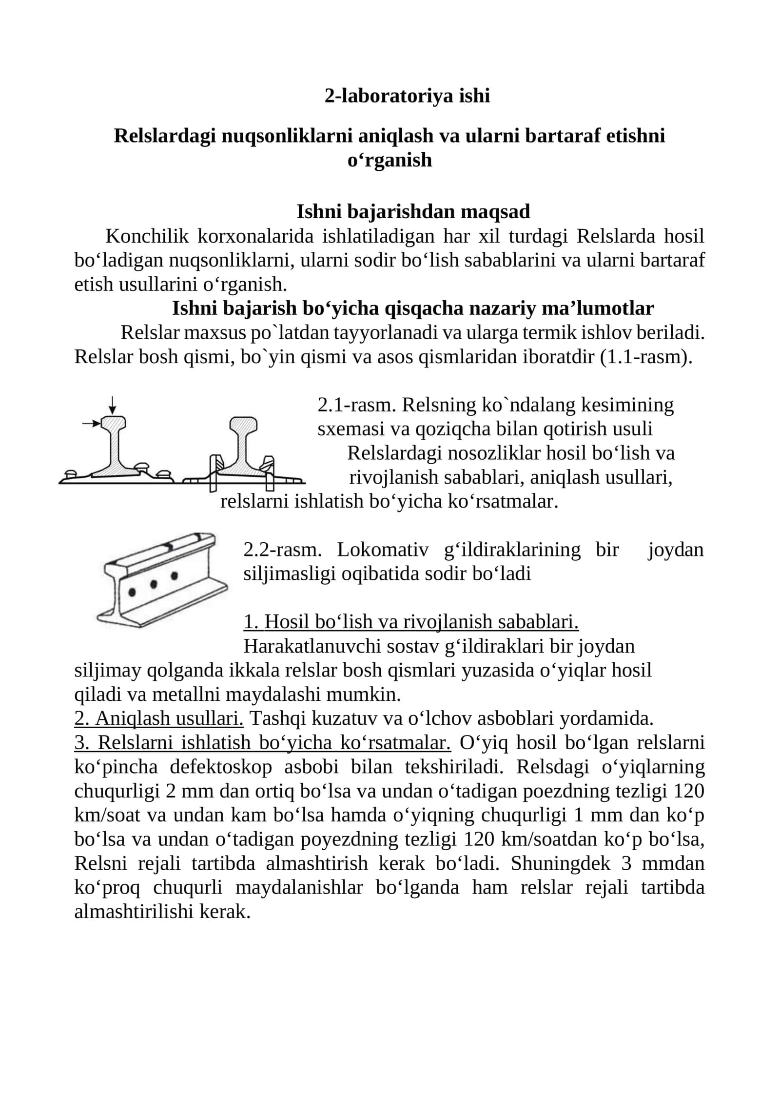 Relslardagi nuqsonliklarni aniqlash va ularni bartaraf etishni o‘rganish