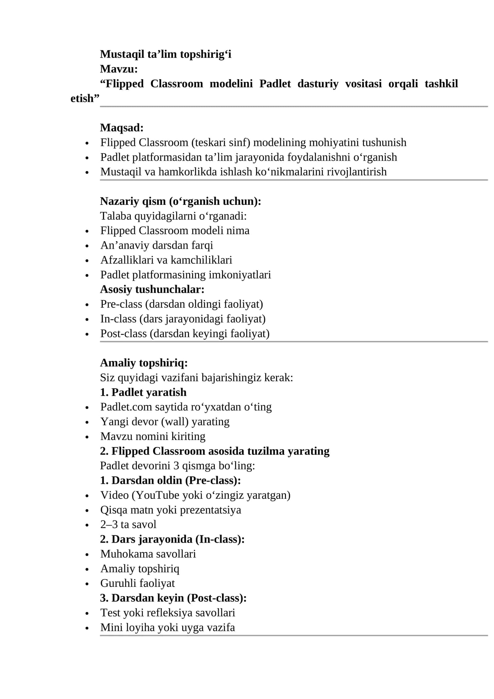 Flipped Classroom modelini Padlet dasturiy vositasi orqali tashkil etish