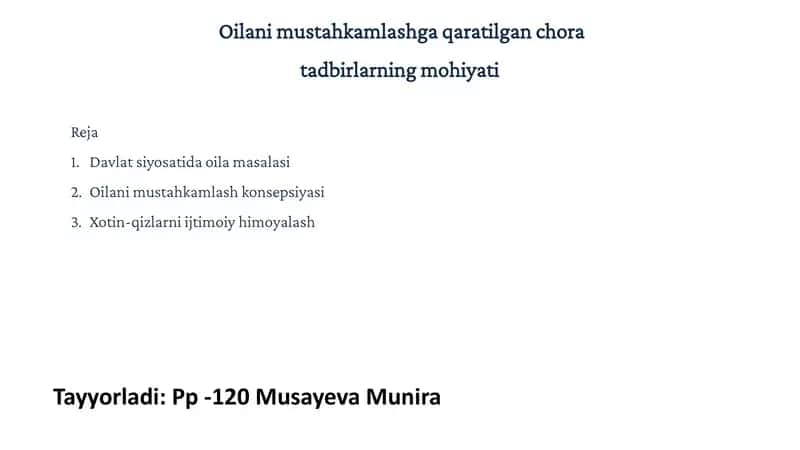Oilani Mustahkamlashga Qaratilgan Chora-tadbirlar