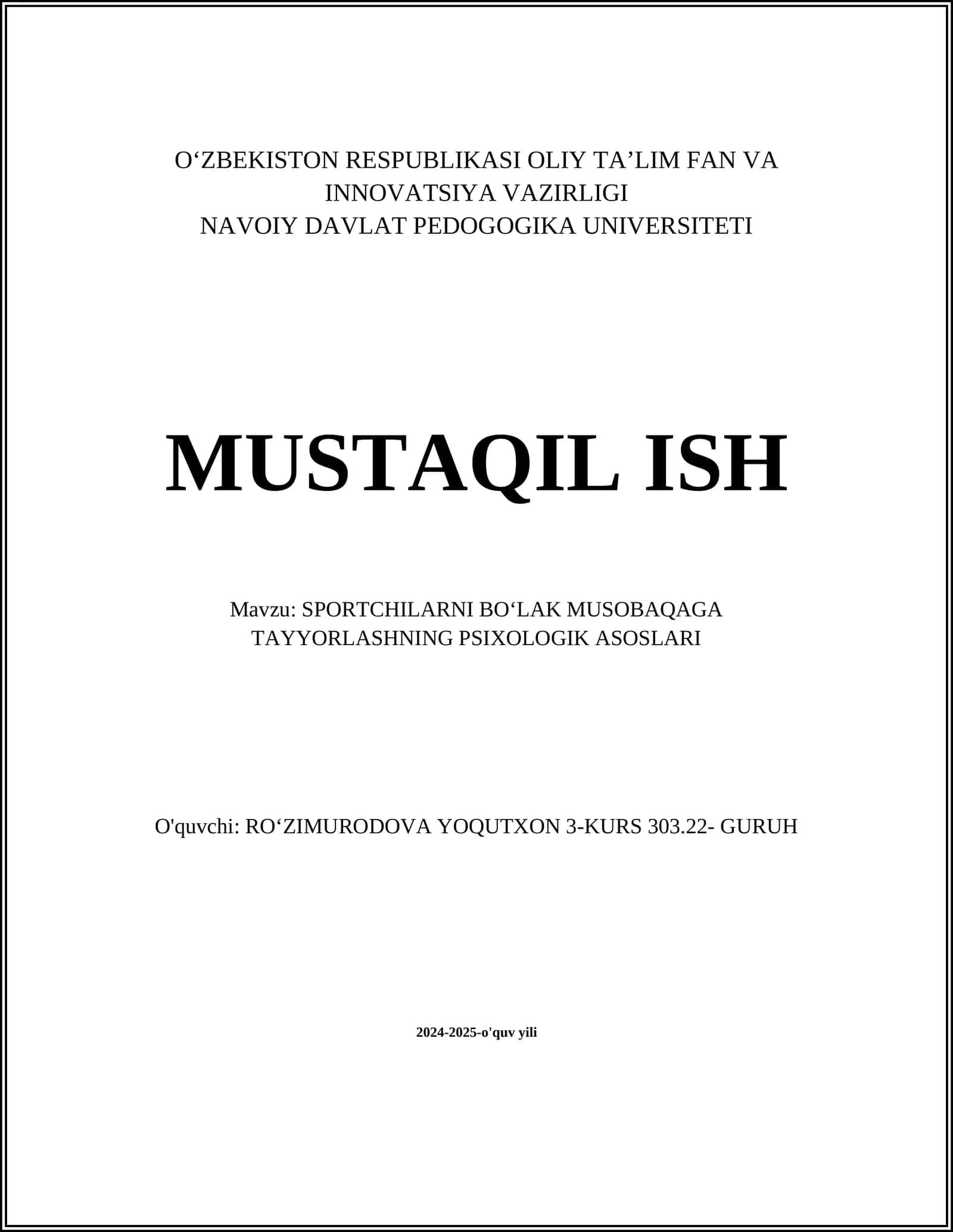 SPORTCHILARNI BOʻLAK MUSOBAQAGA TAYYORLASHNING PSIXOLOGIK ASOSLARI