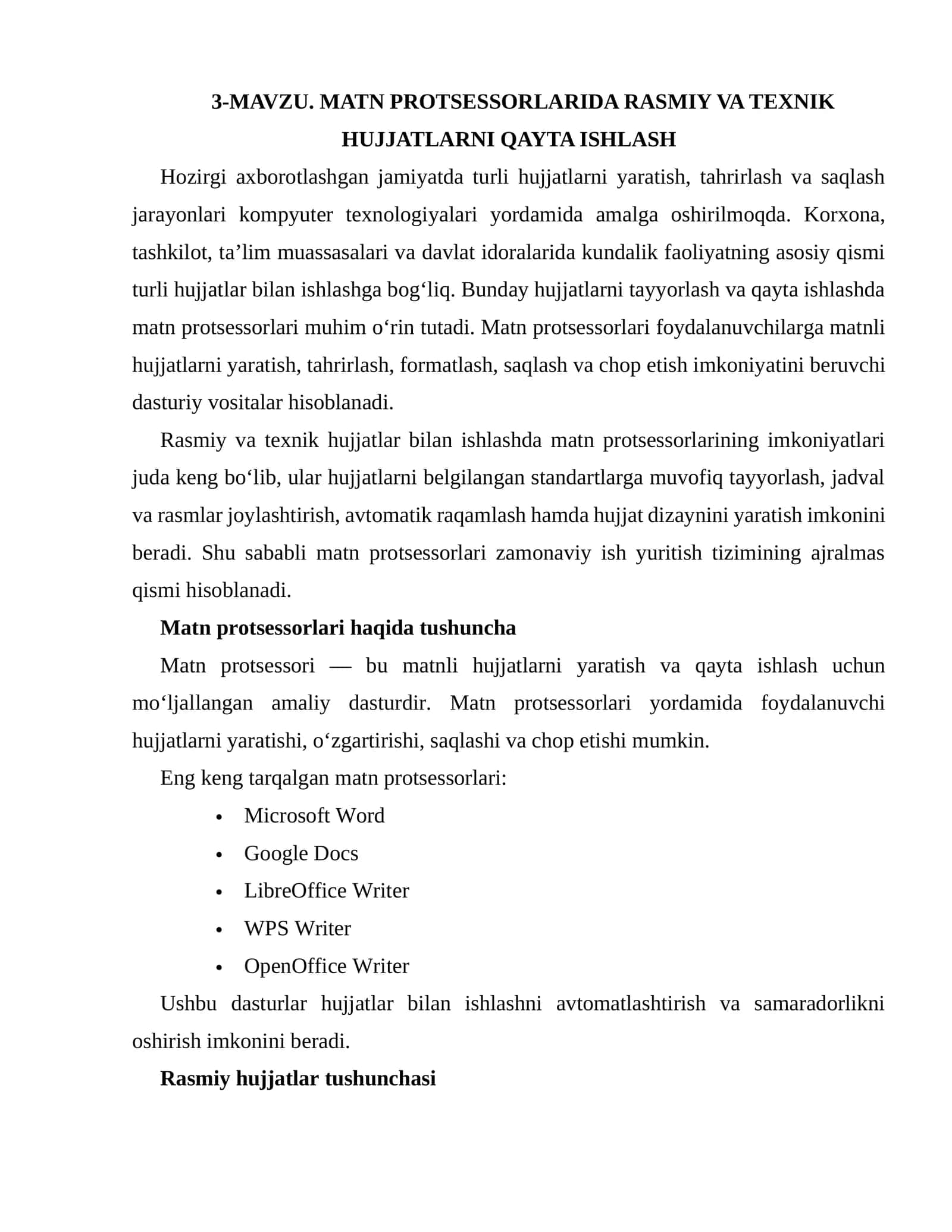 MATN PROTSESSORLARIDA RASMIY VA TEXNIK HUJJATLARNI QAYTA ISHLASH