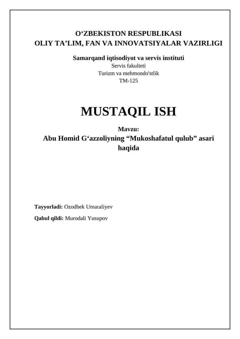 Abu Homid Gʻazzoliyning “Mukoshafatul qulub” asari haqida