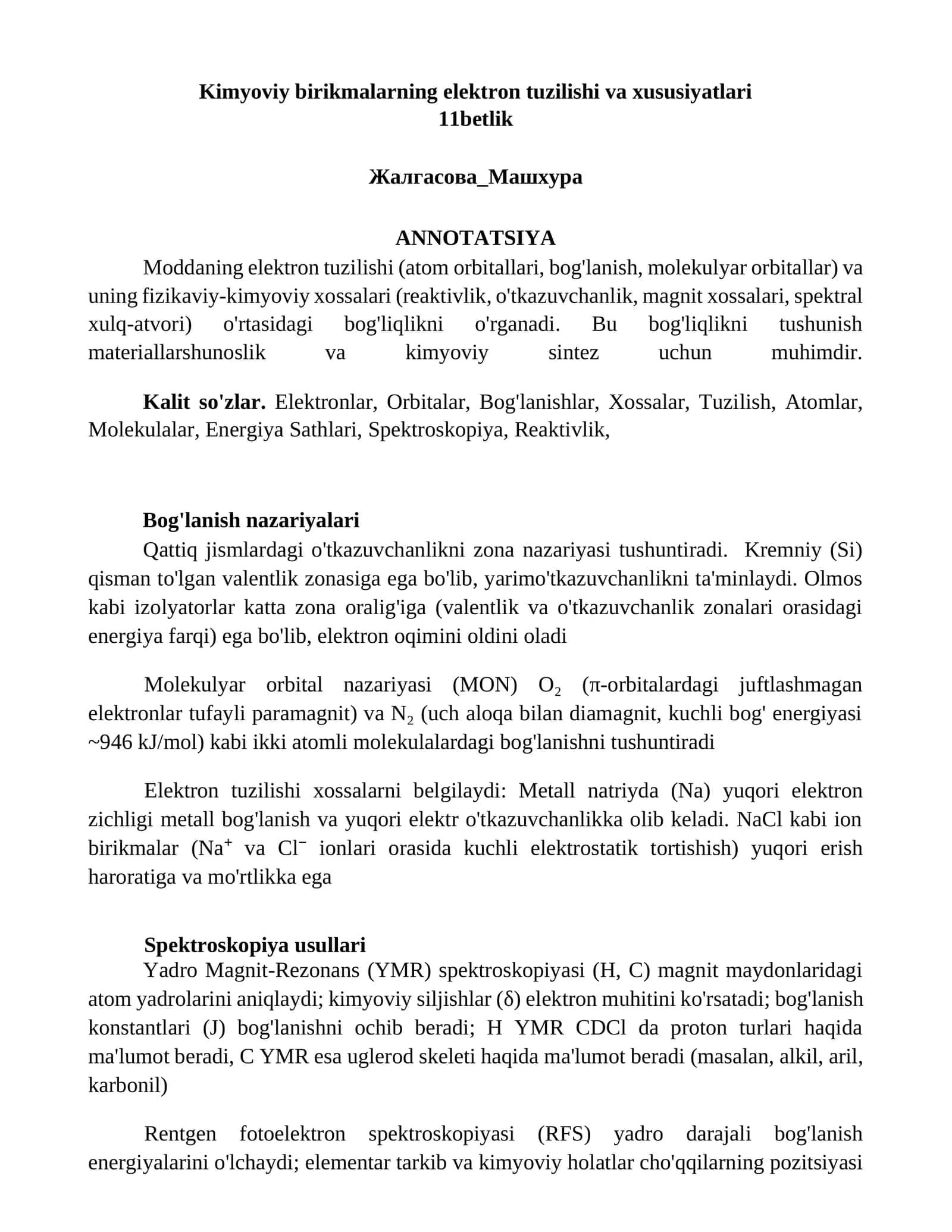 Kimyoviy birikmalarning elektron tuzilishi va xususiyatlari