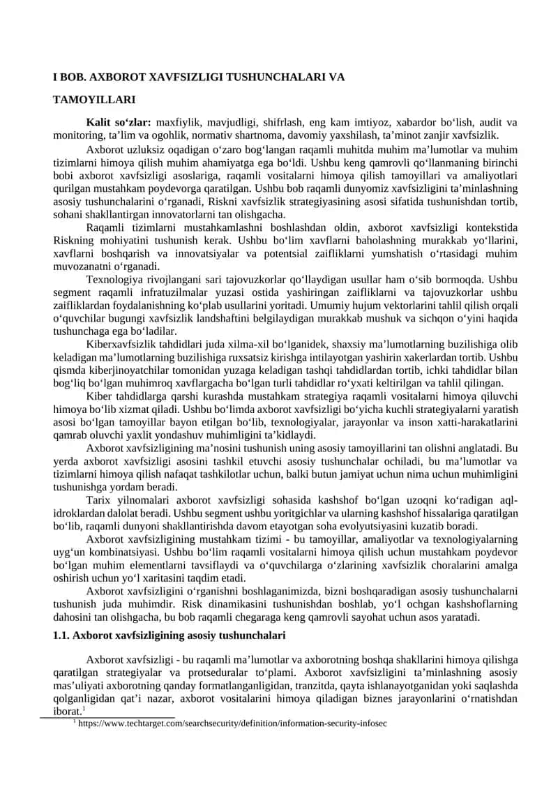 AXBOROT XAVFSIZLIGI TUSHUNCHALARI VA TAMOYILLARI