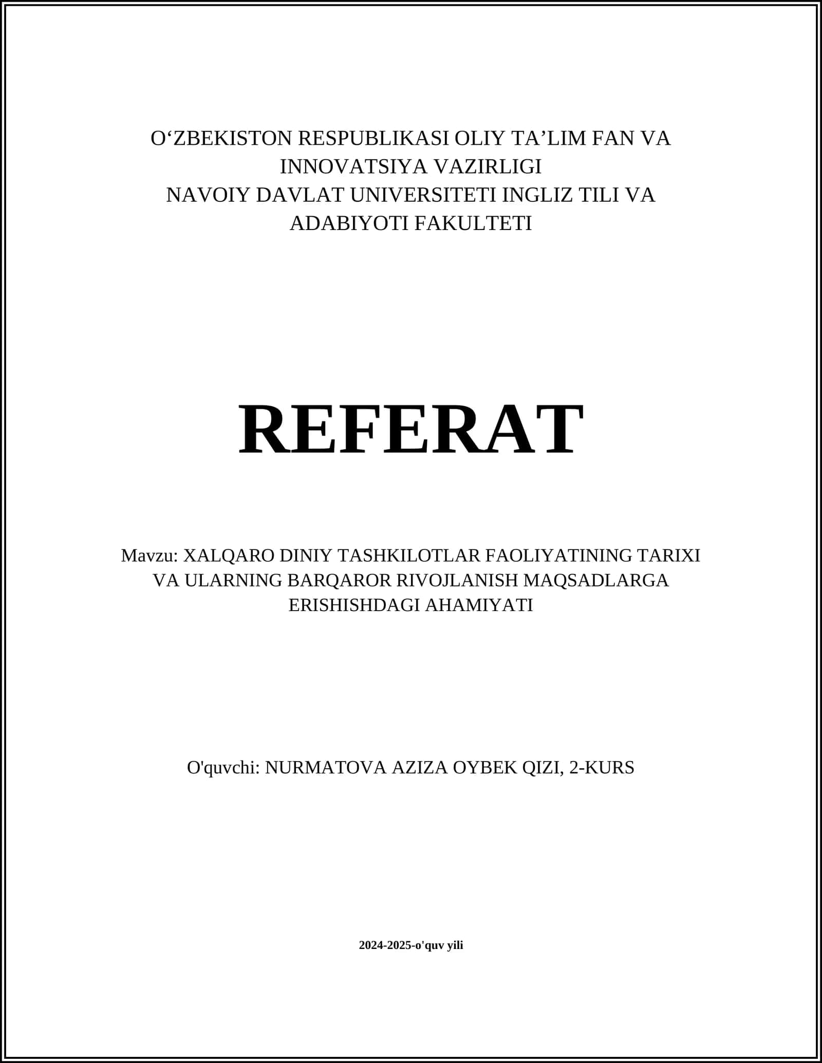 XALQARO DINIY TASHKILOTLAR FAOLIYATINING TARIXI VA ULARNING BARQAROR RIVOJLANISH MAQSADLARGA ERISHISHDAGI AHAMIYATI