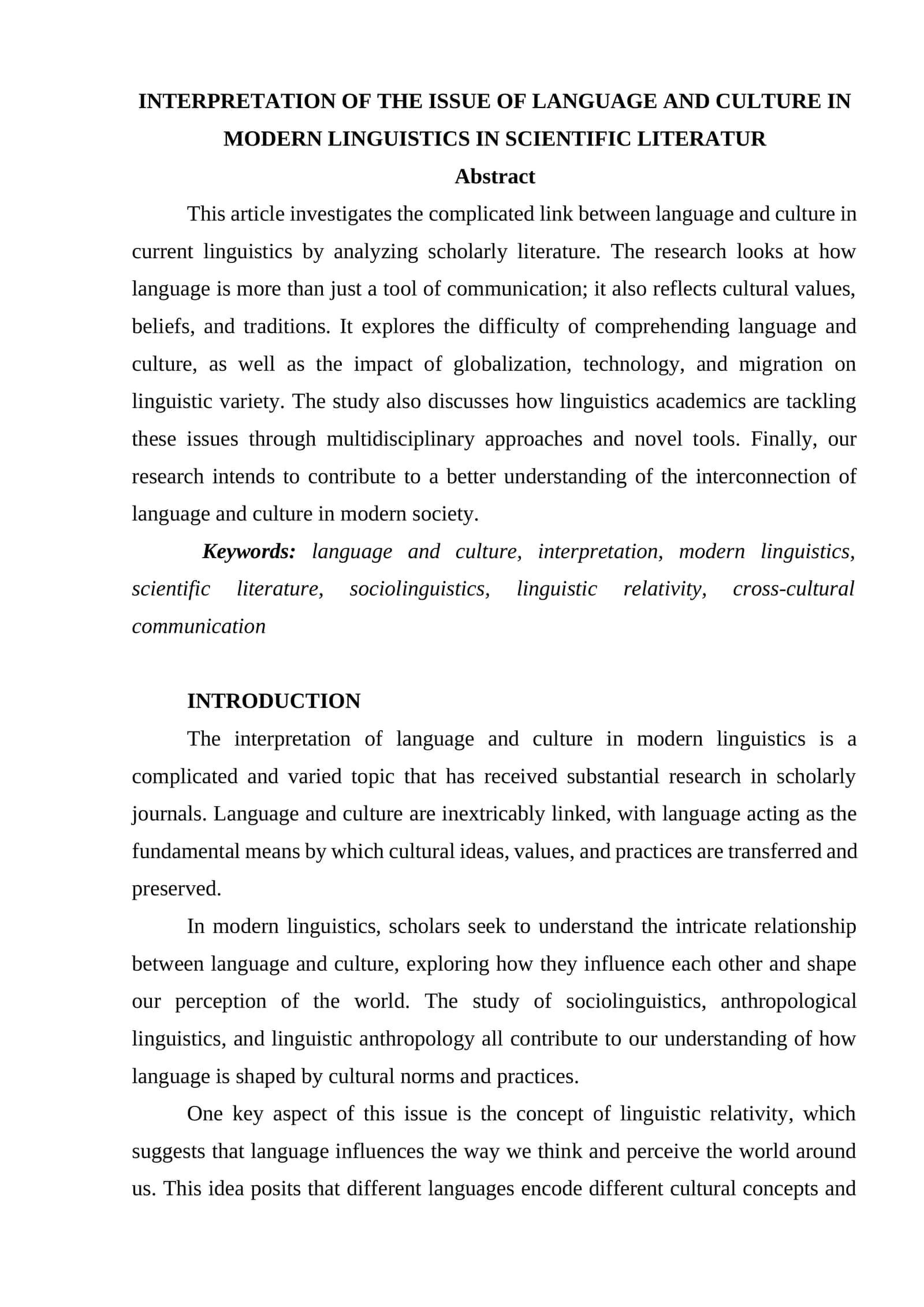 INTERPRETATION OF THE ISSUE OF LANGUAGE AND CULTURE IN MODERN LINGUISTICS IN SCIENTIFIC LITERATUR