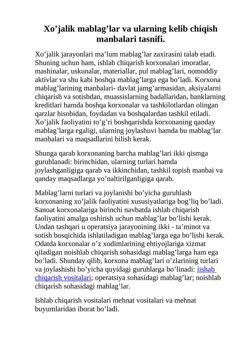Xo’jalik mablag’lar va ularning kelib chiqish manbalari tasnifi