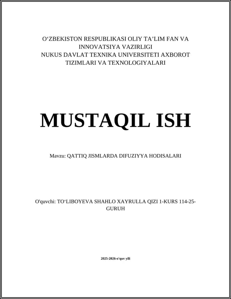 QATTIQ JISMLARDA DIFUZIYYA HODISALARI