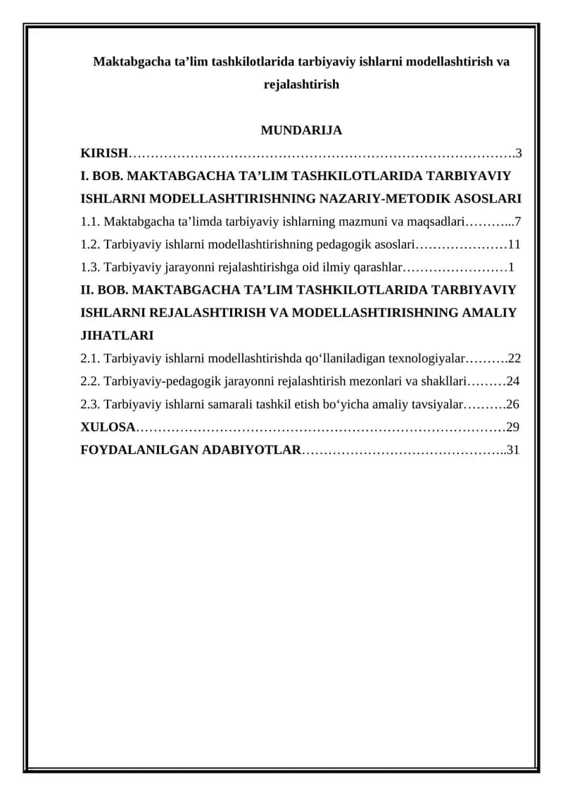 Maktabgacha ta’lim tashkilotlarida tarbiyaviy ishlarni modellashtirish va rejalashtirish