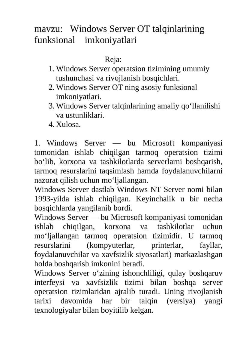 Windows Server OT talqinlarining funksional imkoniyatlari