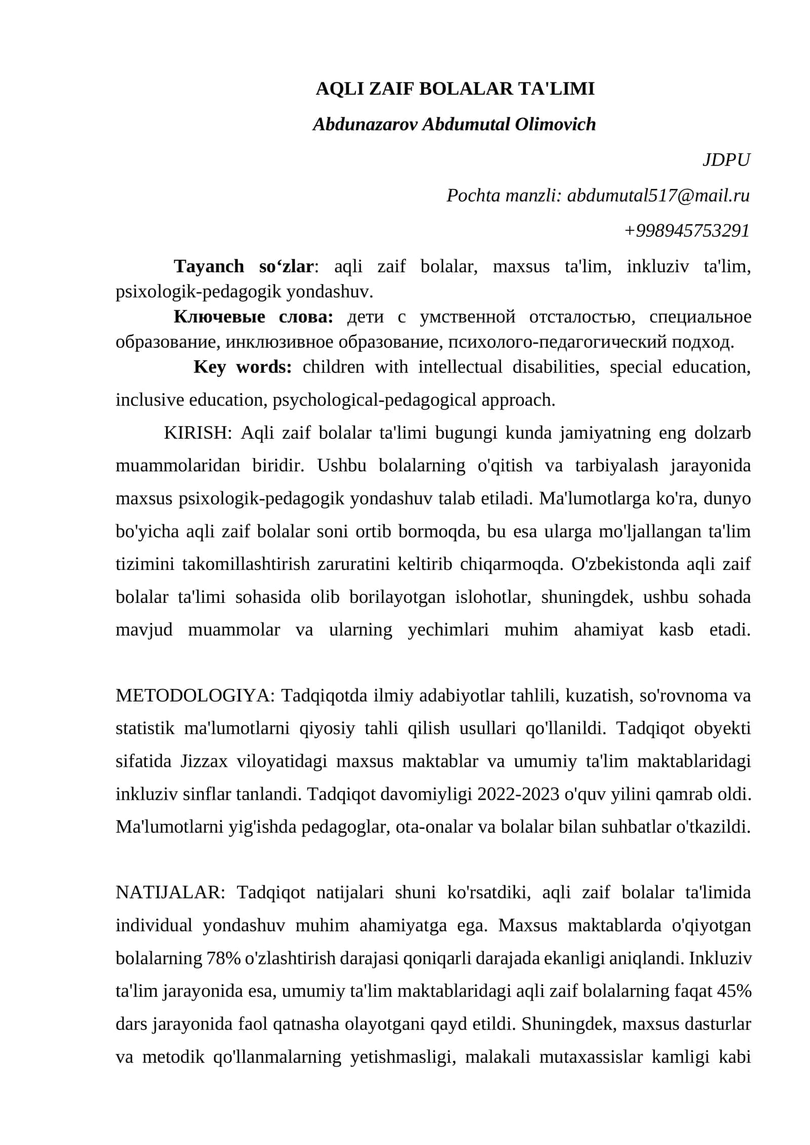 AQLI ZAIF BOLALAR TA'LIMI