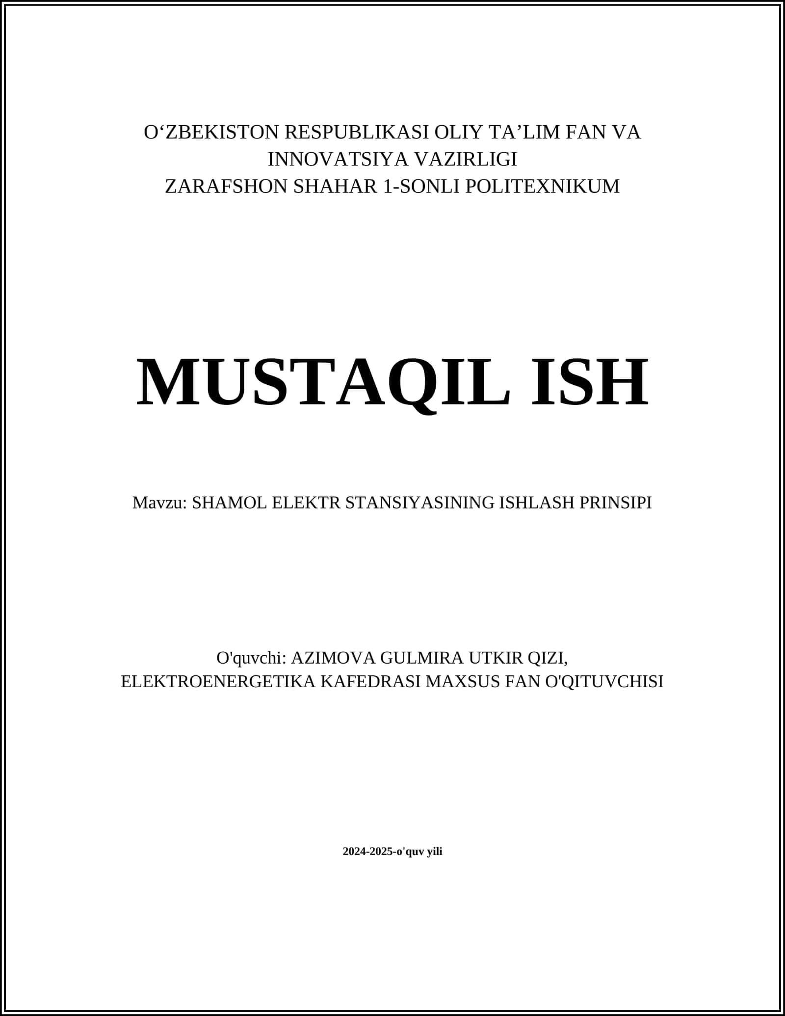SHAMOL ELEKTR STANSIYASINING ISHLASH PRINSIPI