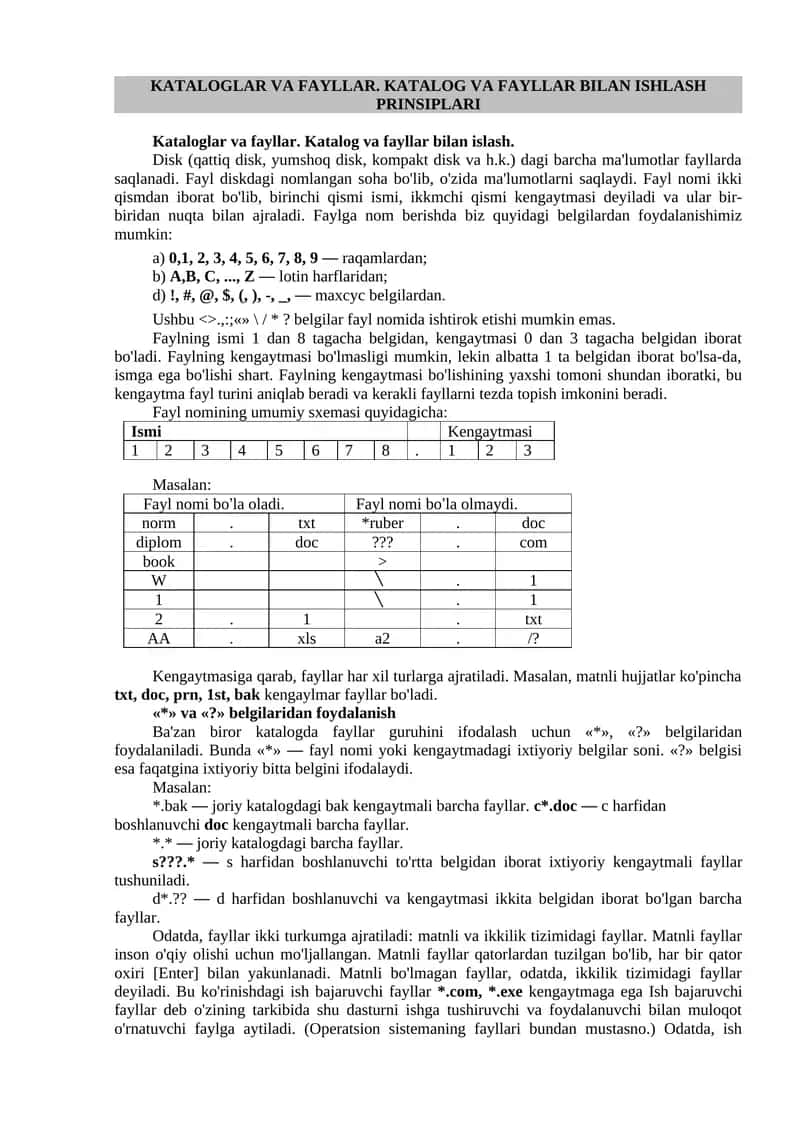 Kataloglar va fayllar. Katalog va fayllar bilan islash