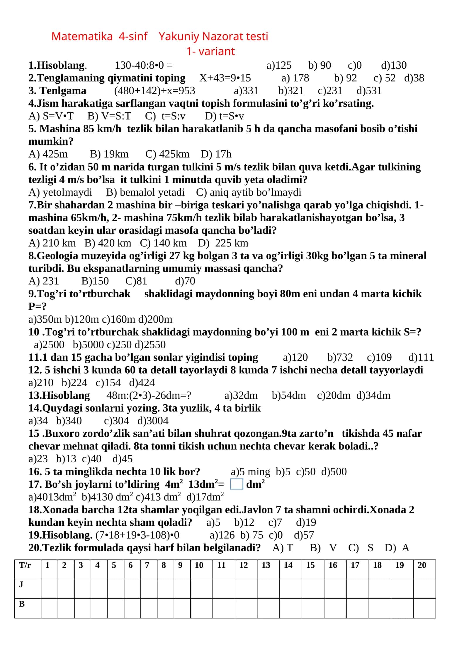 Matematika 4-sinf Yakuniy Nazorat testi