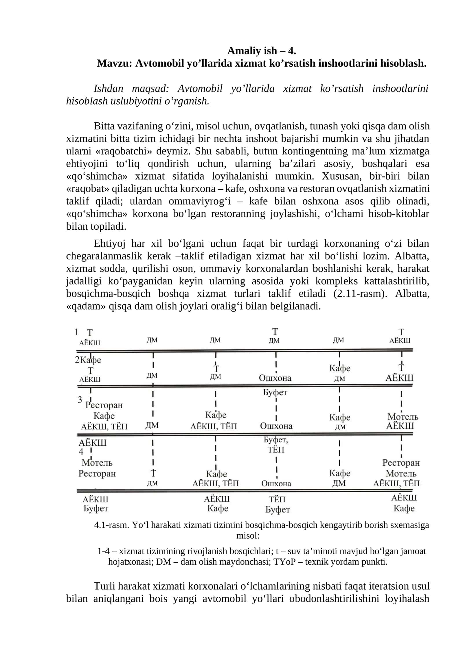 Avtomobil yo’llarida xizmat ko’rsatish inshootlarini hisoblash