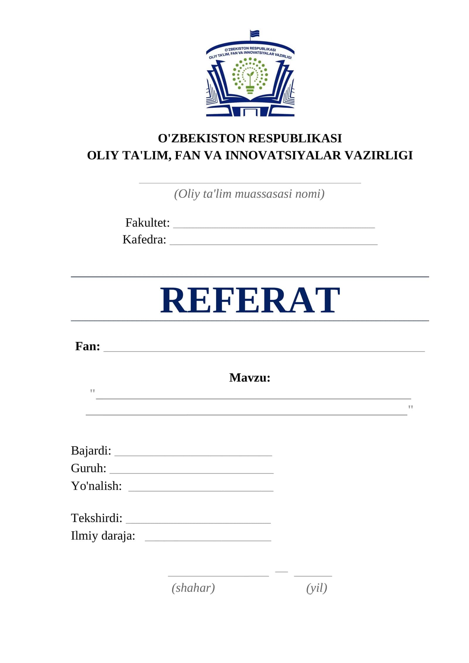 Referat yuzi. Oliy ta'lim uchun