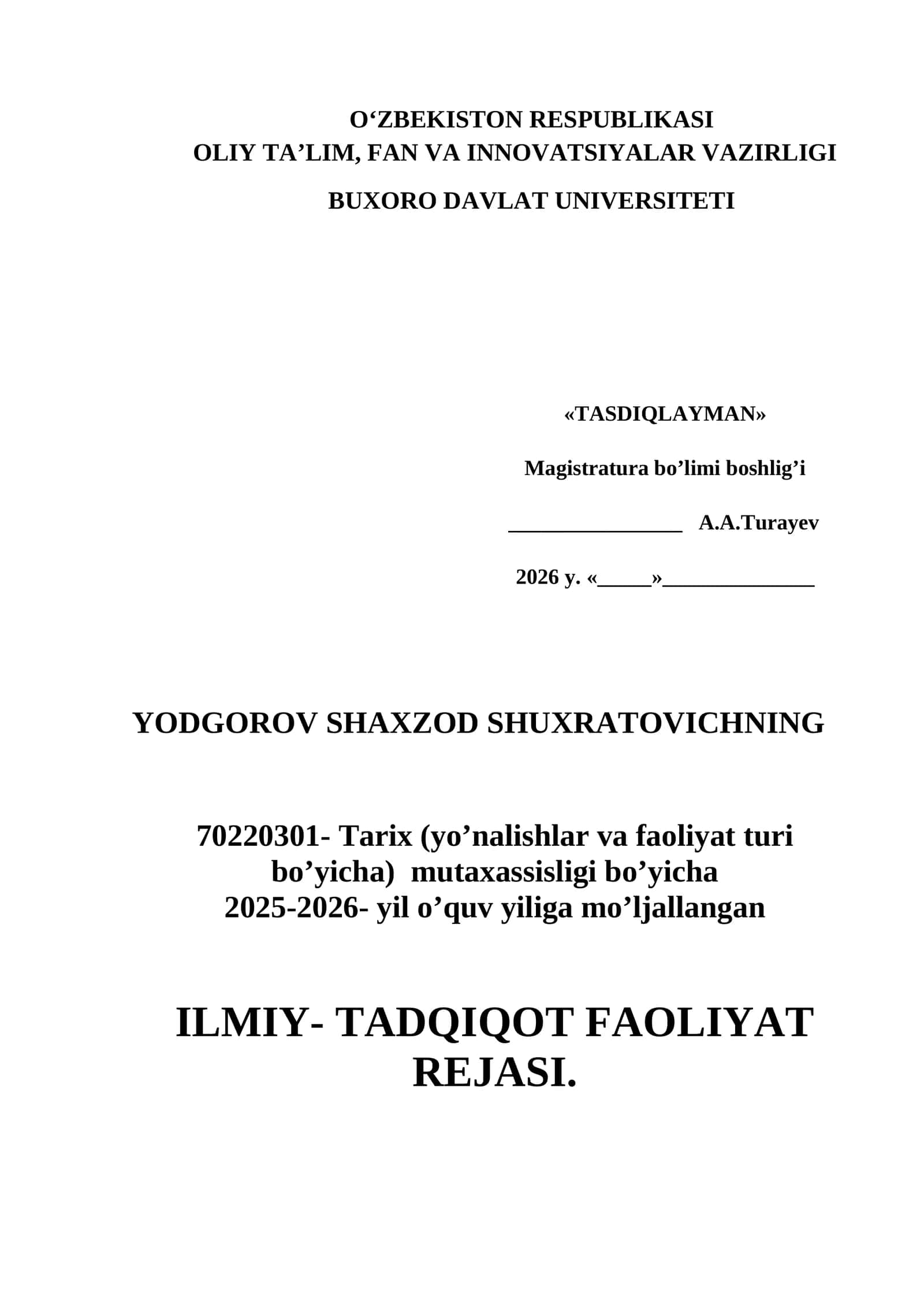ILMIY- TADQIQOT FAOLIYAT REJASI