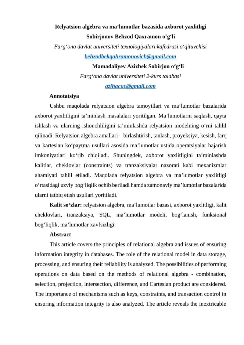 Relyatsion algebra va maʼlumotlar bazasida axborot yaxlitligi
