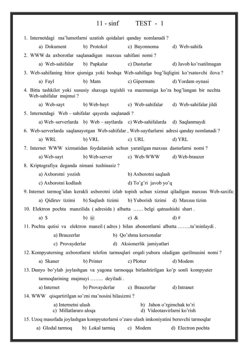11-Sinf uchun 5 ta varyantli , 15 talik savollar