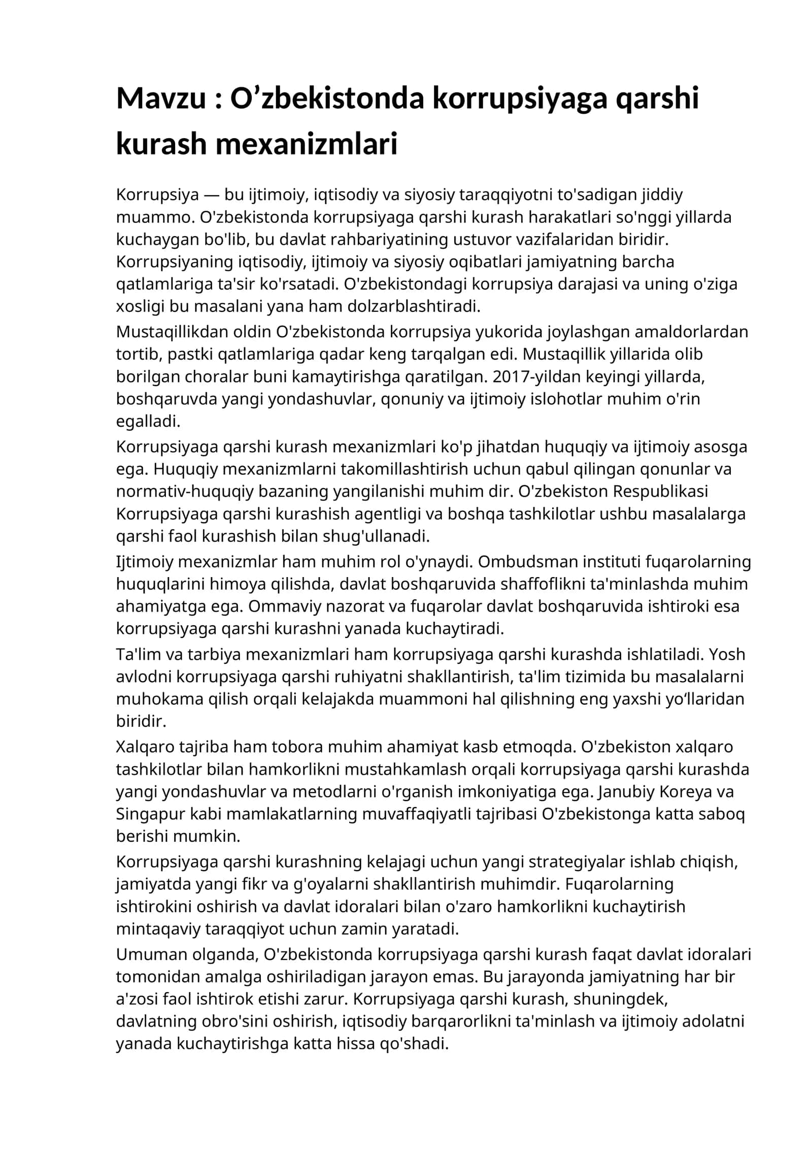 O’zbekistonda korrupsiyaga qarshi kurash mexanizmlari