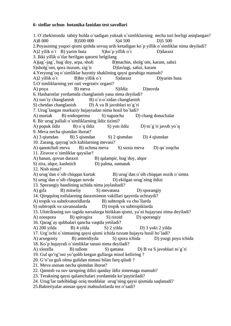 Botanika fanidan test savollari