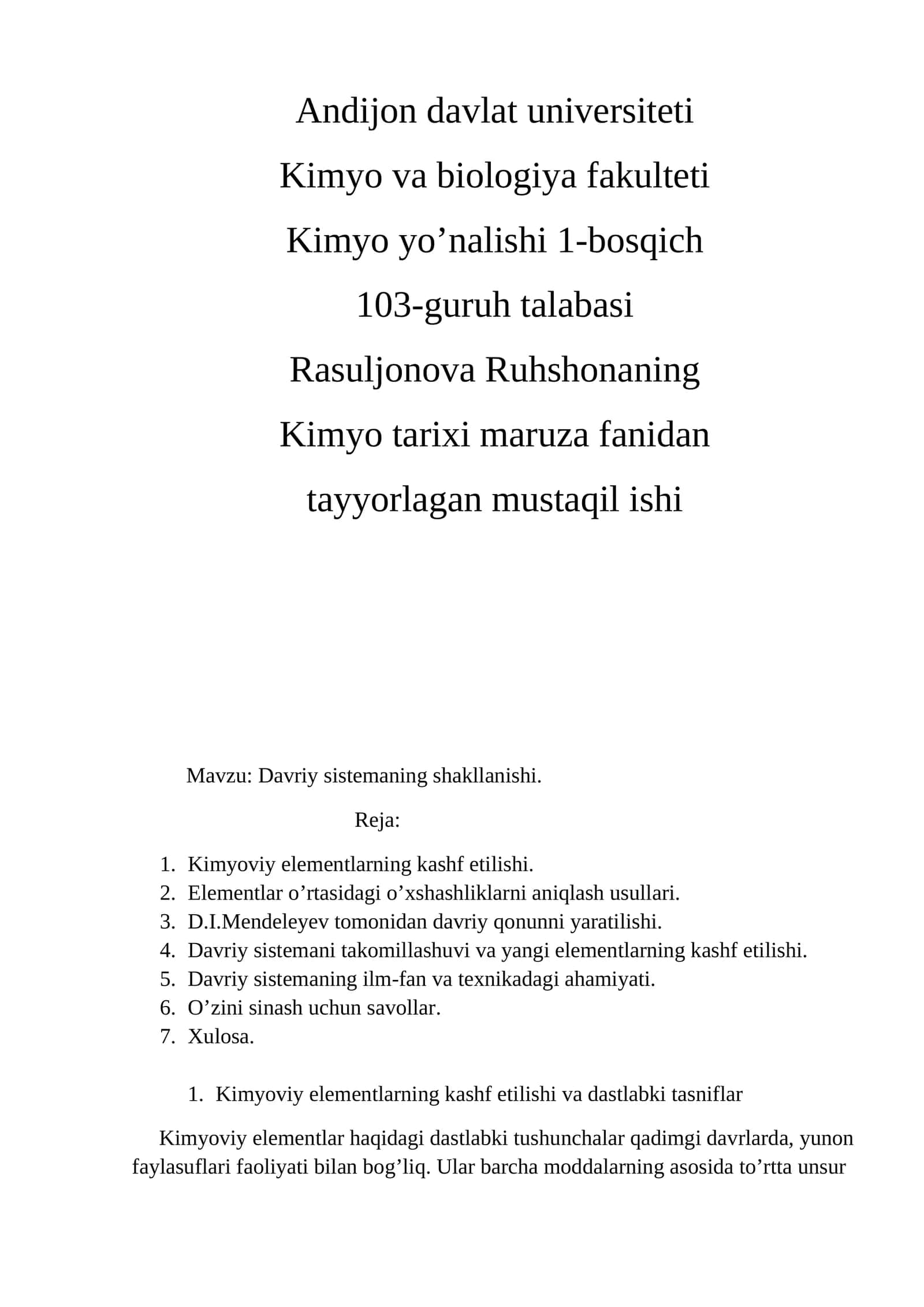 Davriy sistemaning shakllanishi