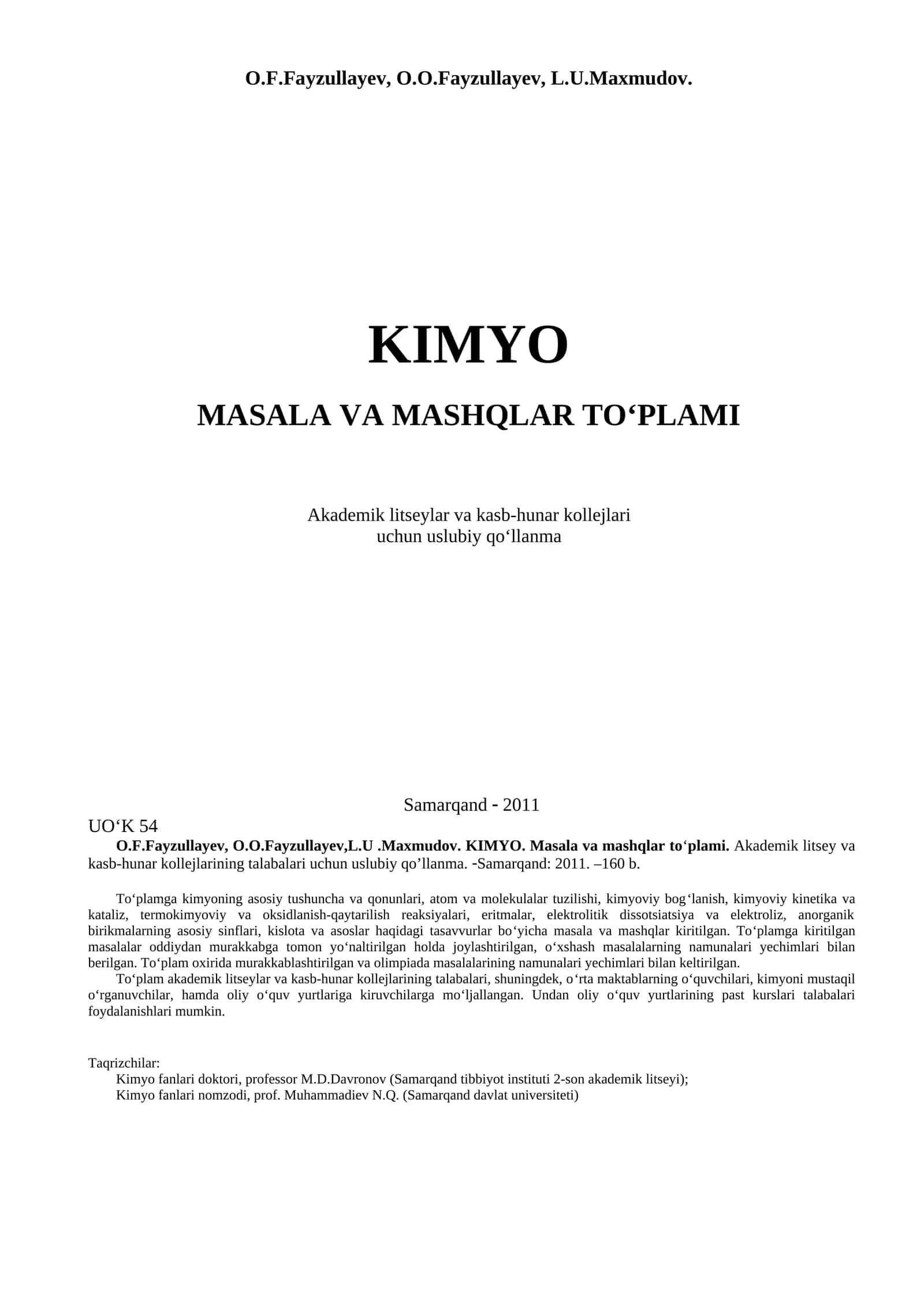 Kimyo. Masala va mashqlar to'plami