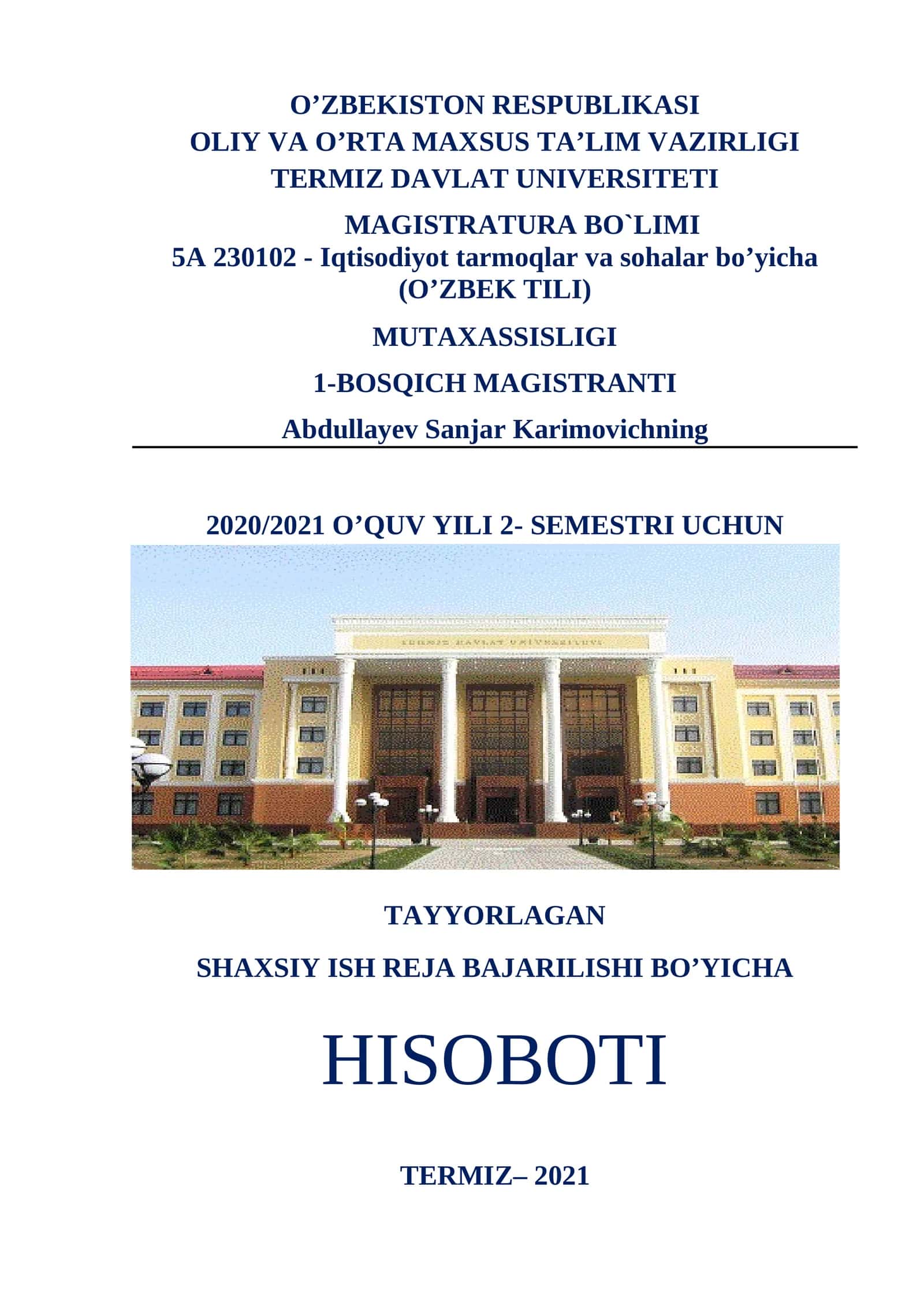 SHAXSIY ISH REJA BAJARILISHI BO’YICHA HISOBOTI