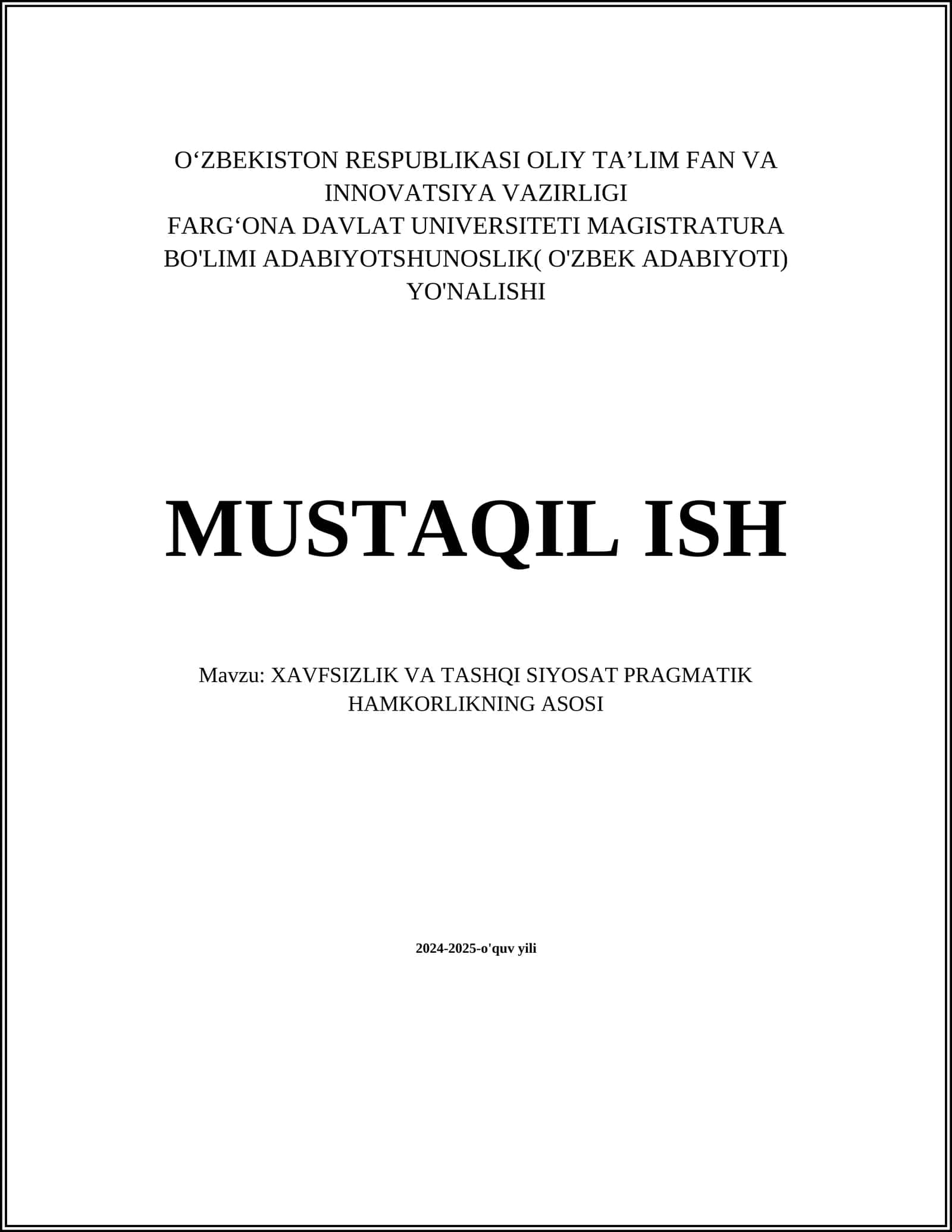 XAVFSIZLIK VA TASHQI SIYOSAT PRAGMATIK HAMKORLIKNING ASOSI