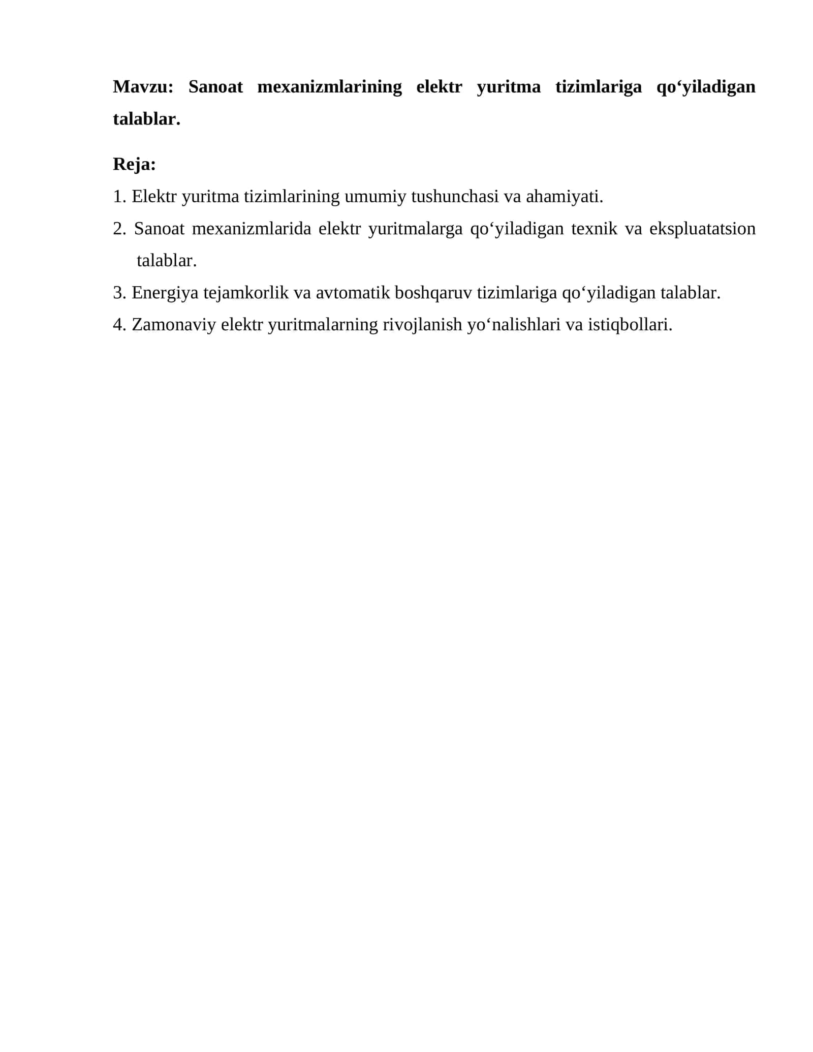 Elektr yuritma tizimlariga qo‘yiladigan talablar
