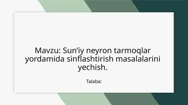 Sun’iy neyron tarmoqlari yordamida sinflashtirish masalalari