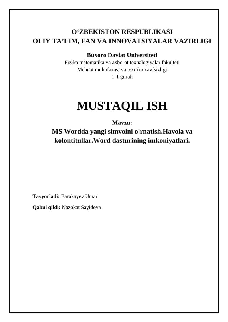 MS Wordda yangi simvolni o'rnatish